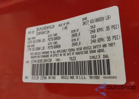 2005 Dodge Ram 1500 Slt/Laramie из США, поврежденный, VIN 1D7HA18D85J564158